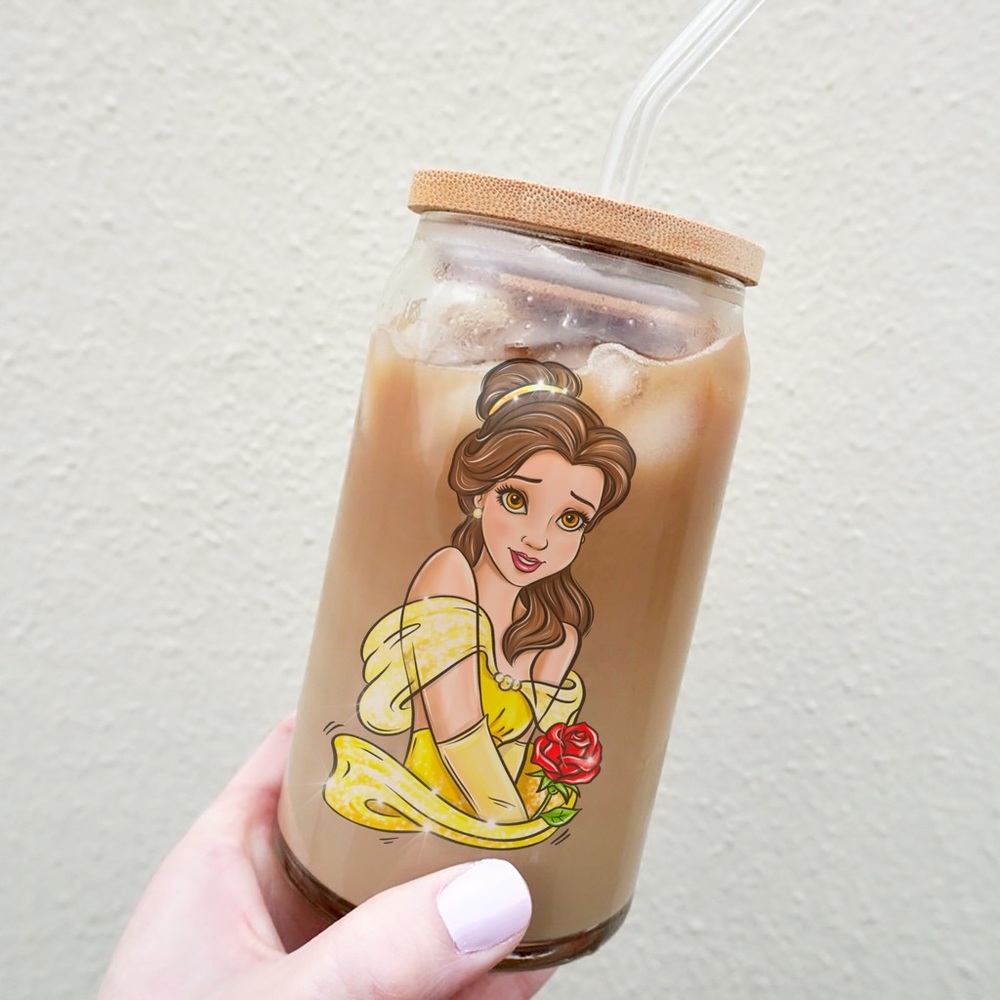Disney Princess Belle 16oz can glass with bamboo lid & straw